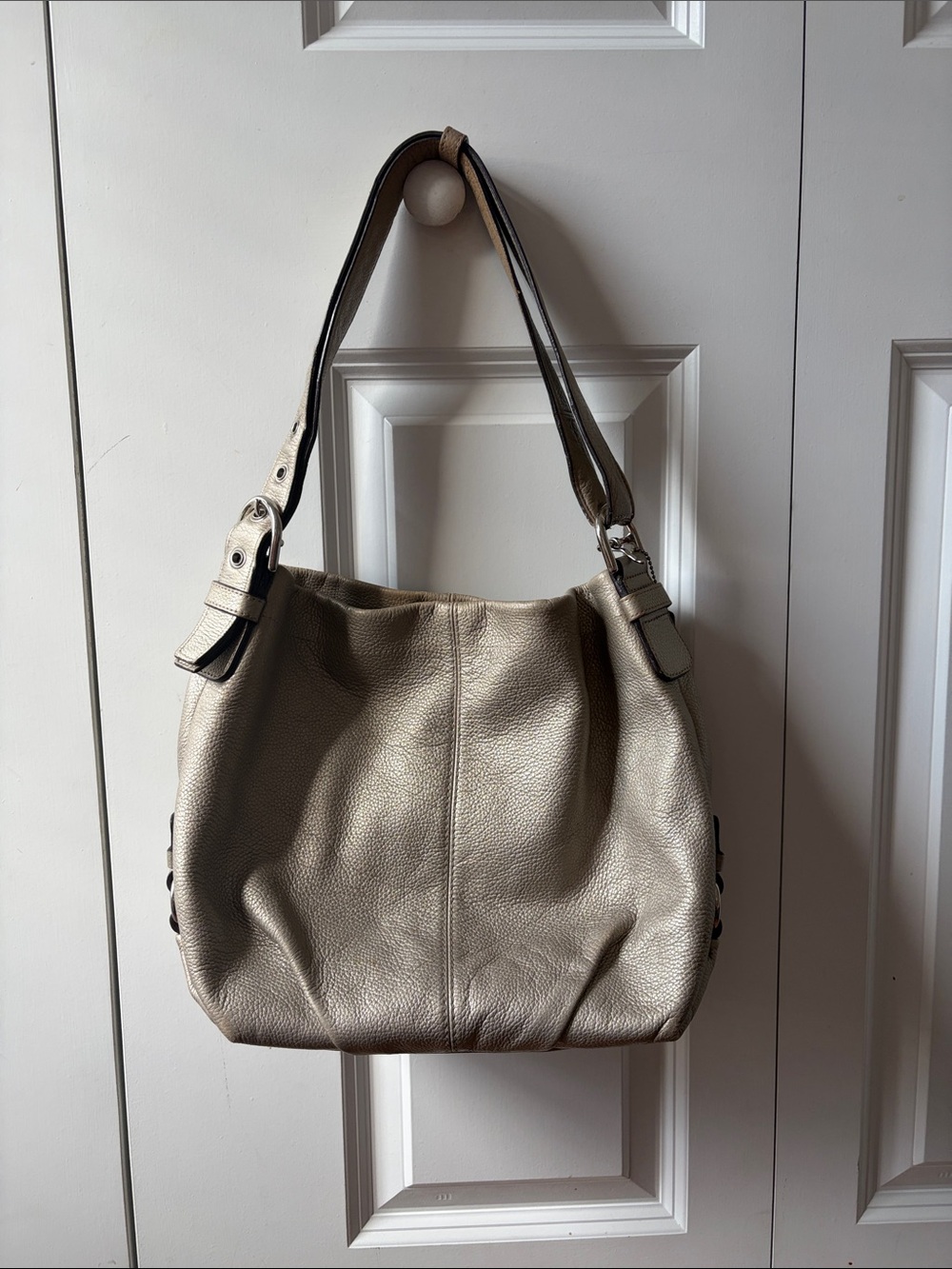 Coach Silver Metallic Pebbled Leather Brooke Duffle Hobo Bag F15064